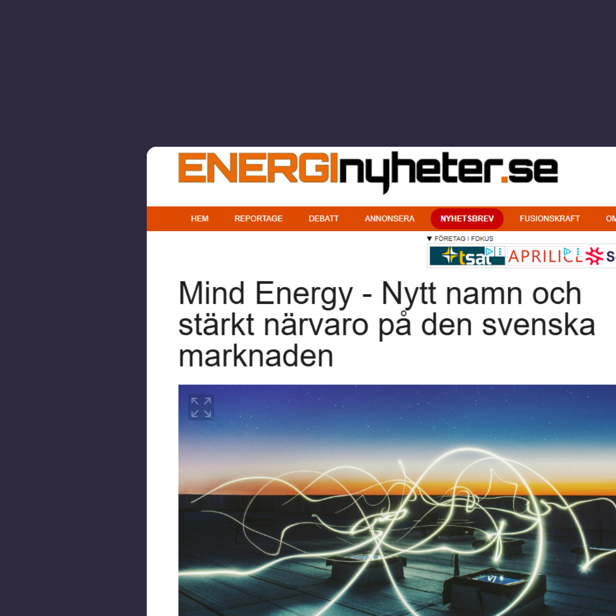 Mockup of press article from Energinyheter