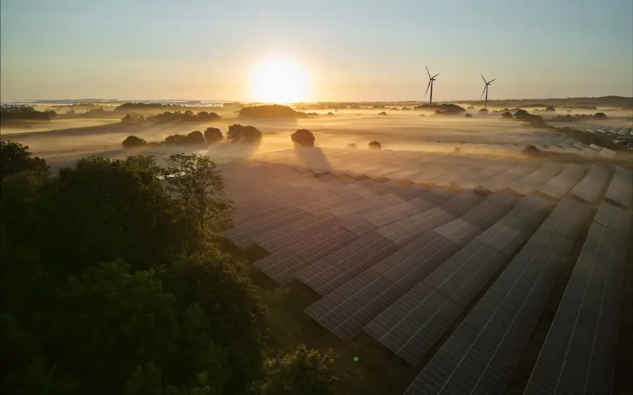 Nordic solar park and wind farm feeding a power purchase agreement into the transmission grid at dawn