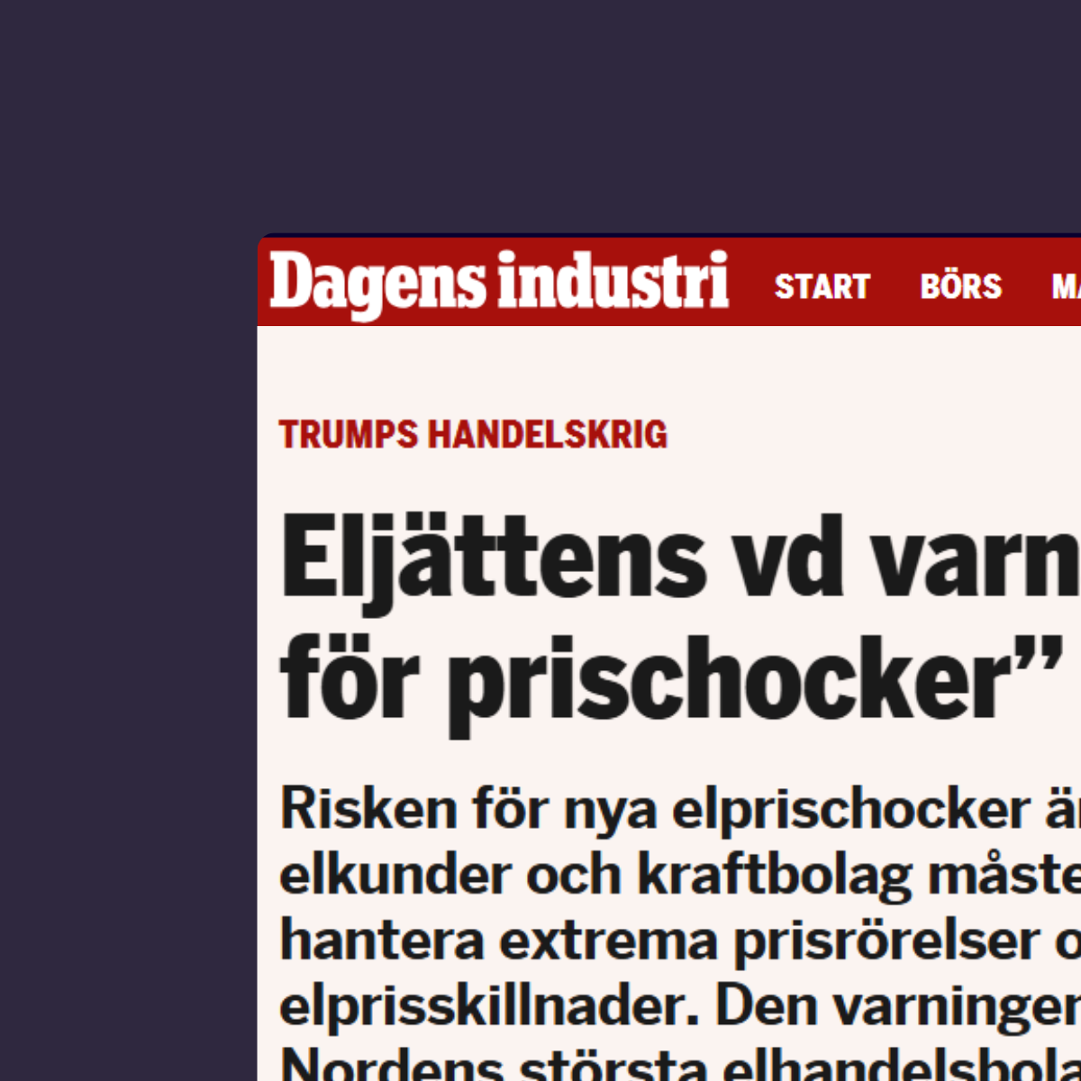 Mockup of press article from Dagens Industri